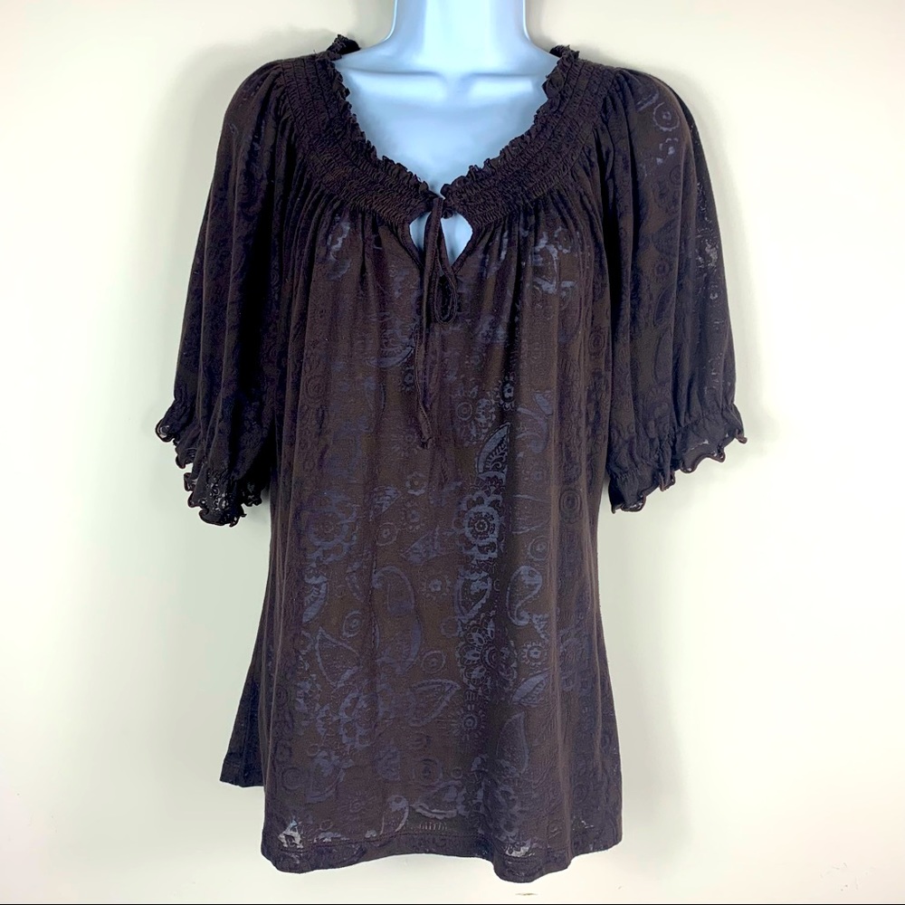Saint Tropez West brown floral print sheet boho peasant style shirt. Large